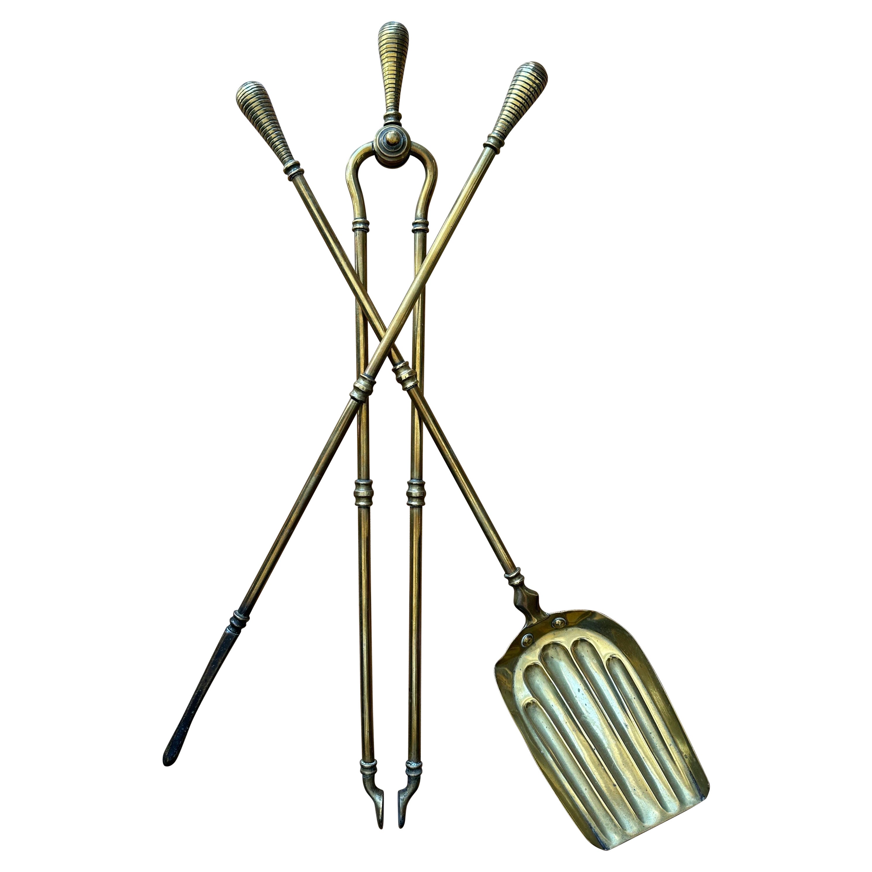 Victorian Gothic Brass Fire Companion Set, Fireplace Tools, 19th Century For Sale