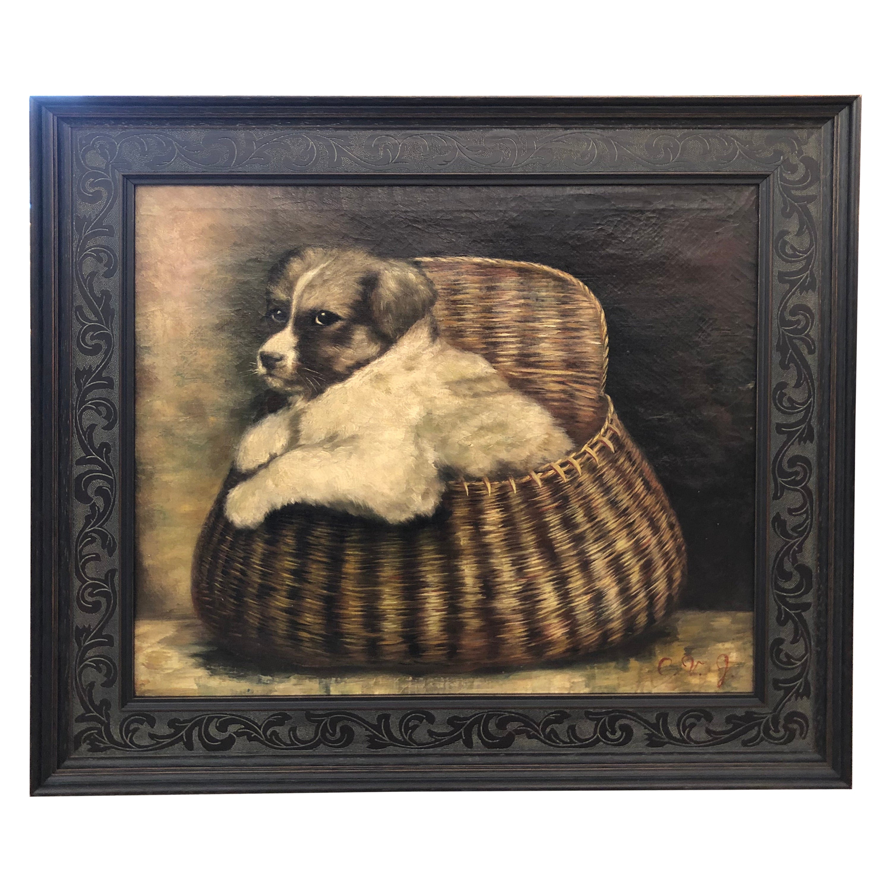 Adorable Original Antique Painting of Puppy in a Basket For Sale