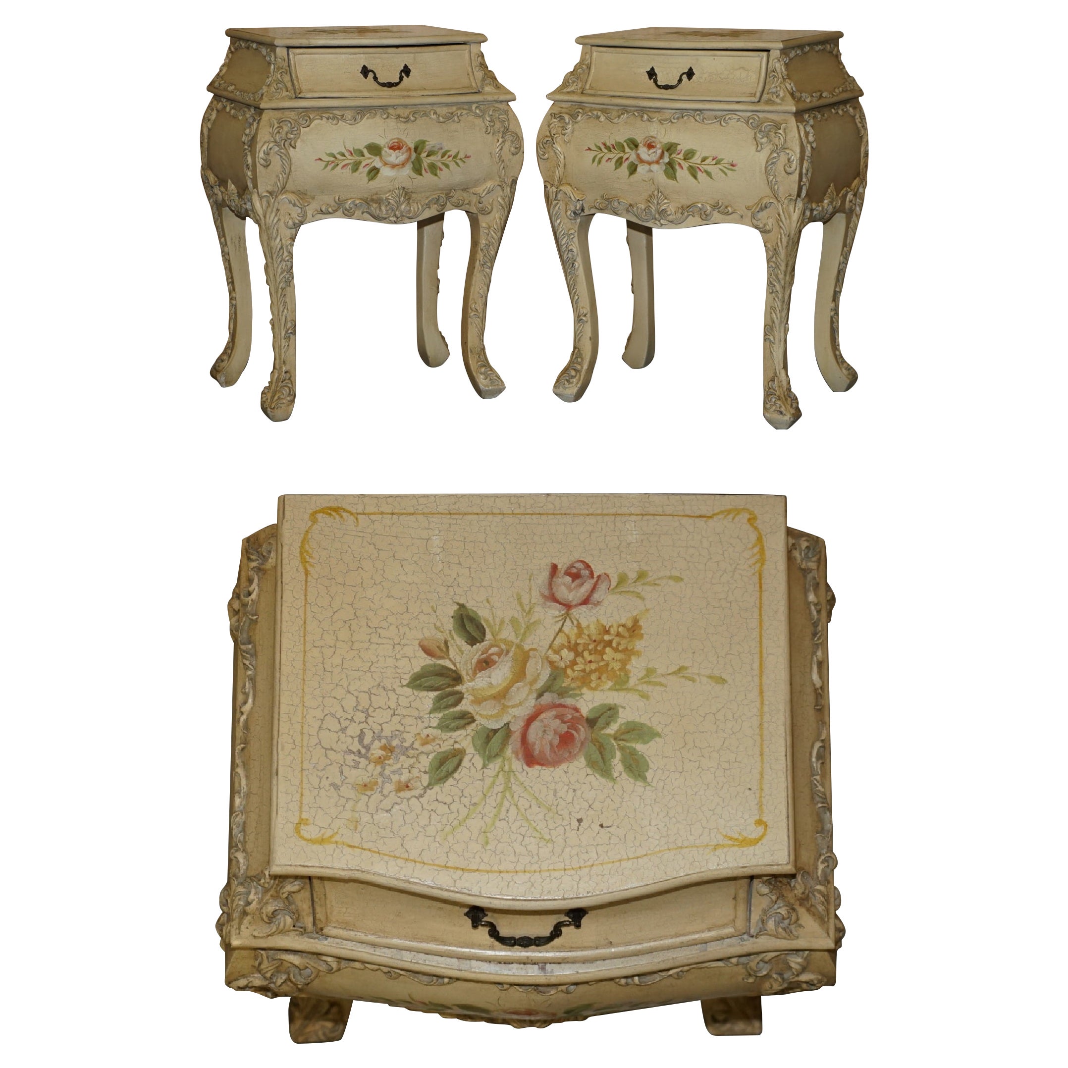 Pair of Vintage Hand Painted French Bombe Bedside / Side End Table Size Chests For Sale