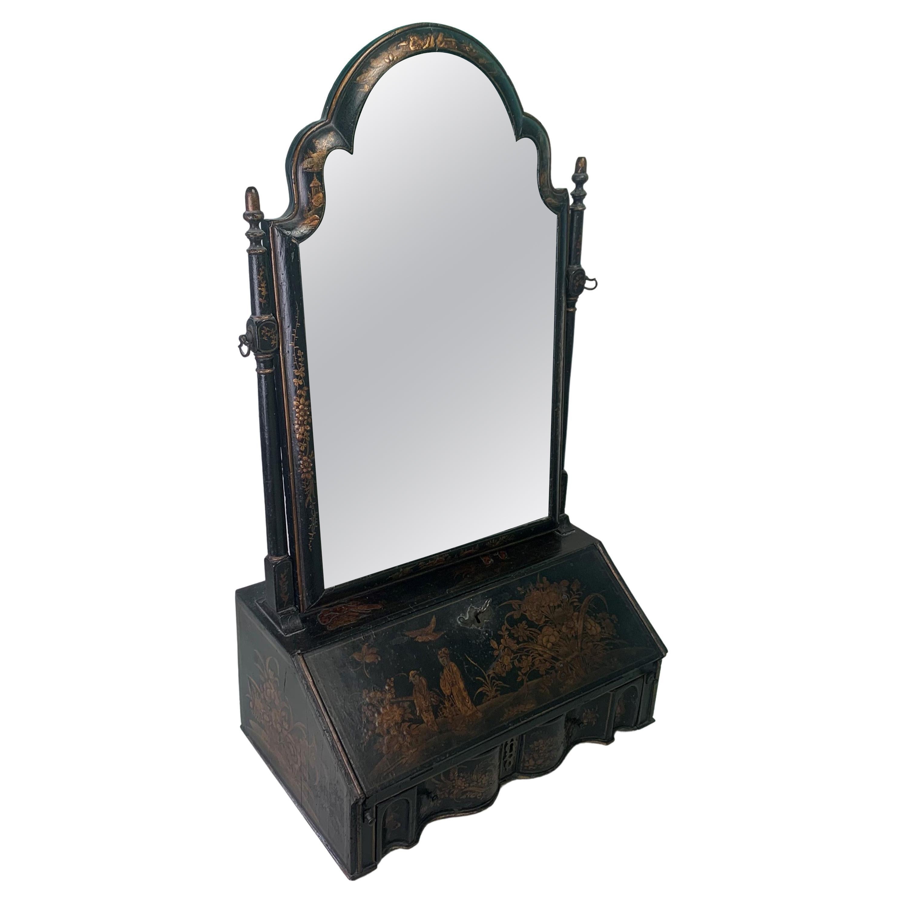 Queen Anne Black Lacquered Toilet Mirror with Miniature Bureau Base For Sale