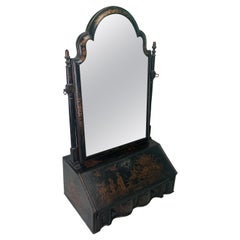Miroir de toilette laqué noir de Queen Anne avec base de bureau Miniature