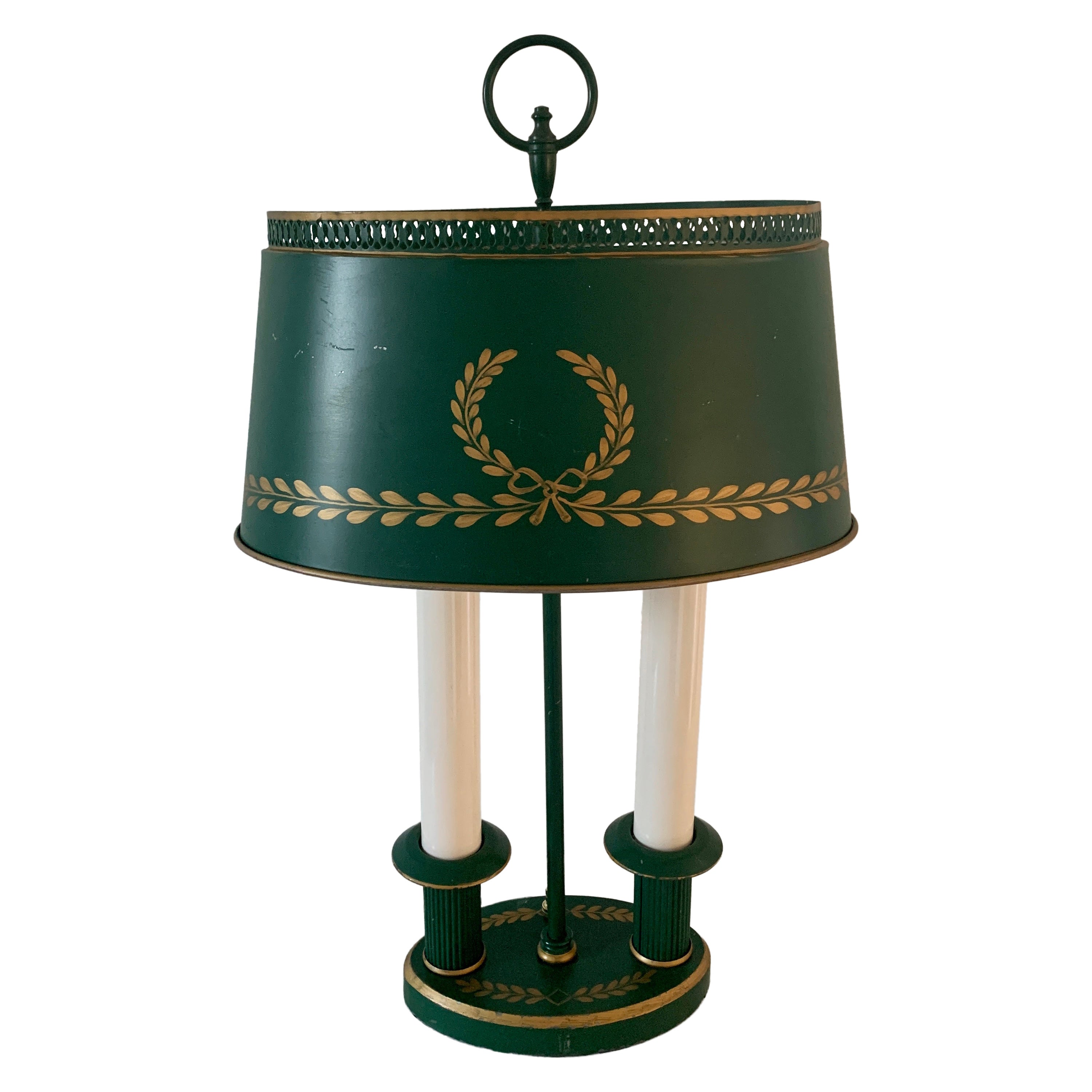 Französische Regency-Bouillotte-Lampe aus grünem und goldenem Zinn, Mitte des 20. Jahrhunderts