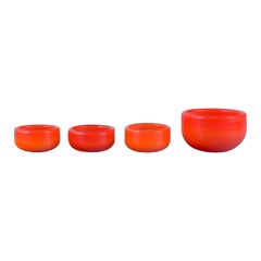 Retro Michael Bang for Holmegaard, Four Glass Bowls in Orange and White Art Glass