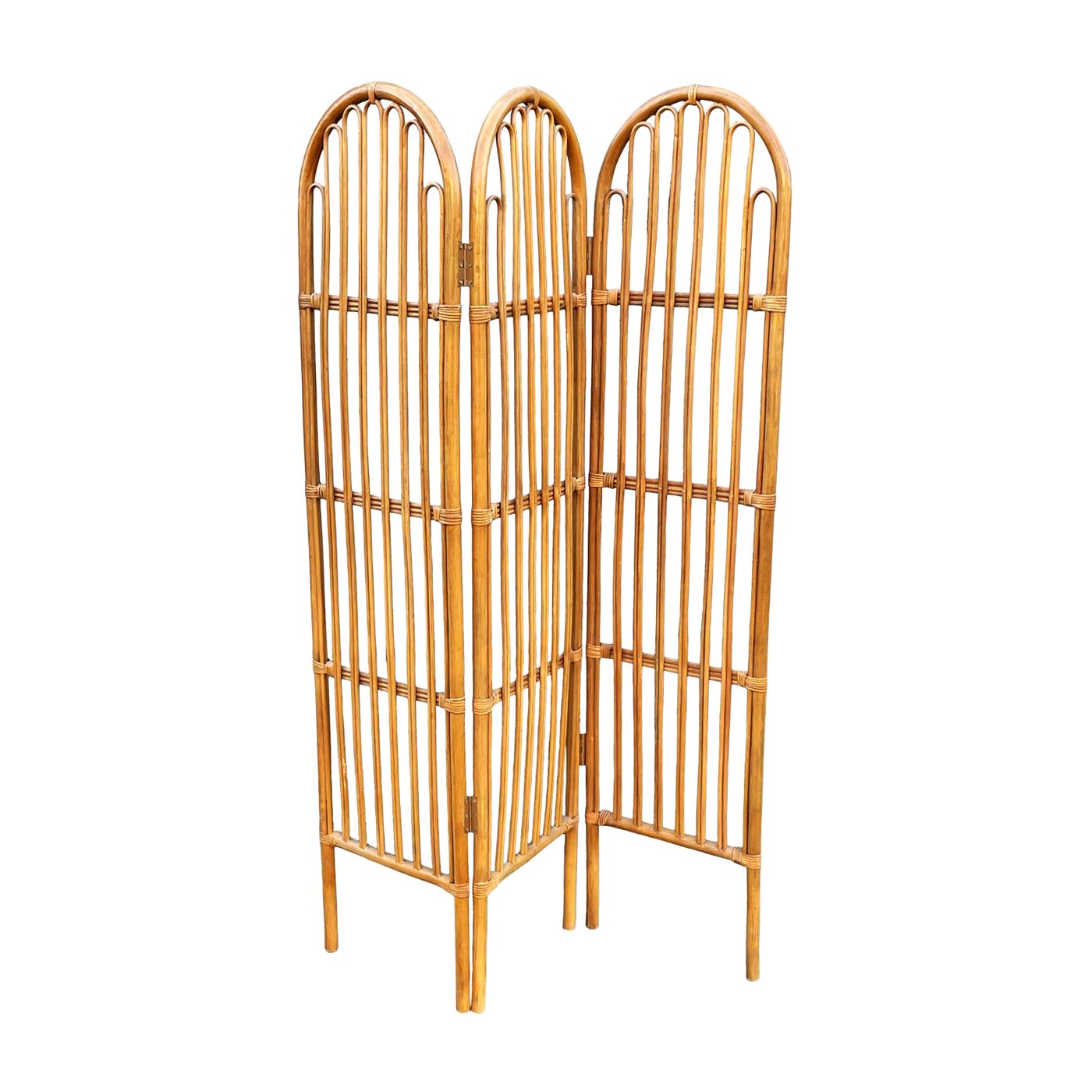 Midcentury Organic Modern Bamboo Rattan Dressing Screen or Room Divider For Sale