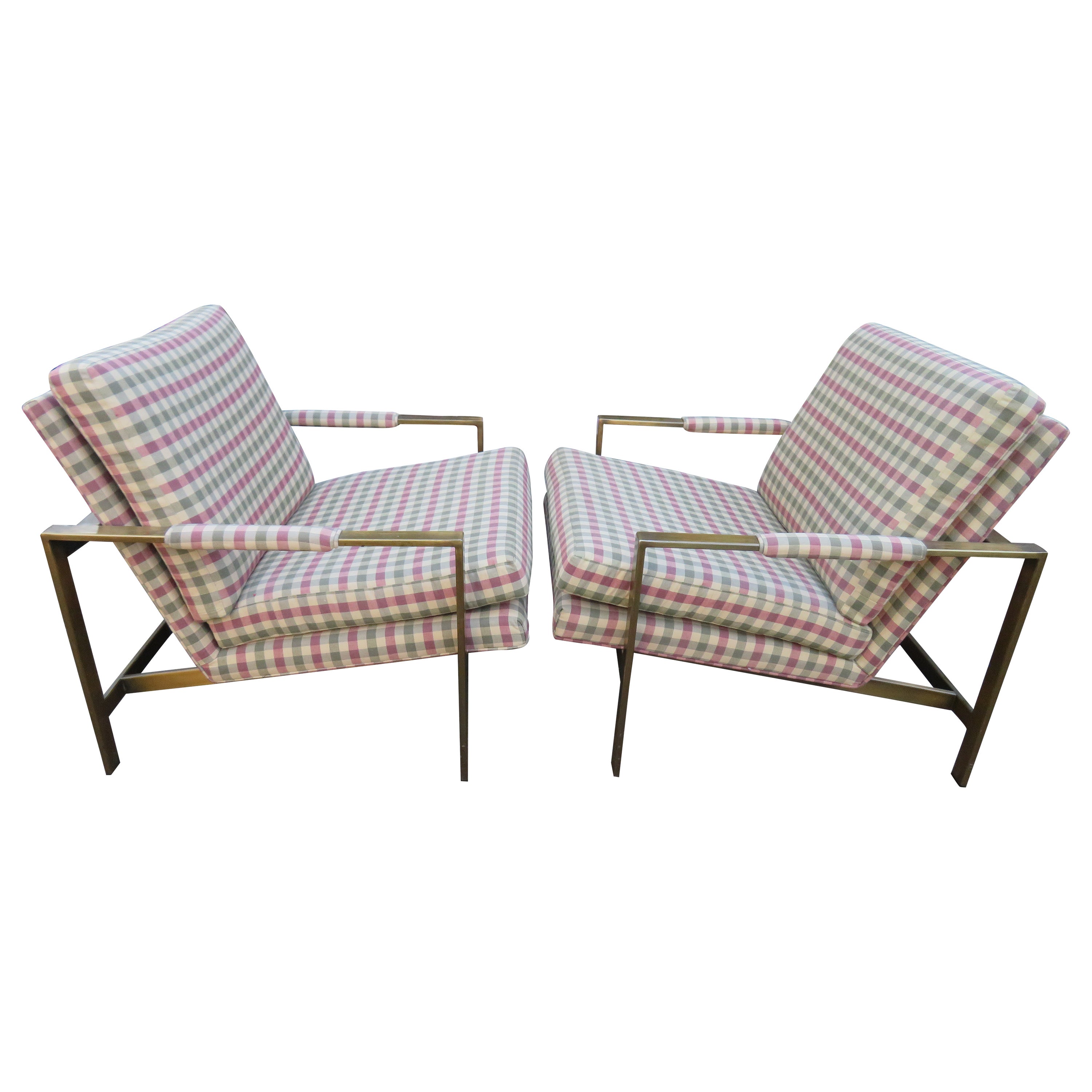 Handsome Pair Brass Milo Baughman Cube Lounge Chairs Mid-Century Modern For Sale