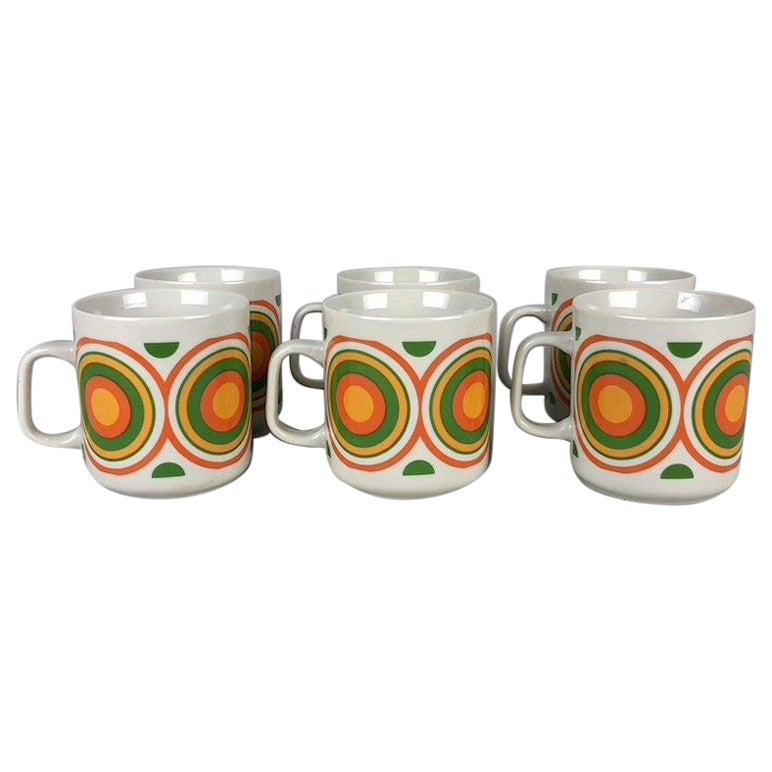 Set of 6 Vintage Mugs with Colourful Circle Pattern, 1970s For Sale