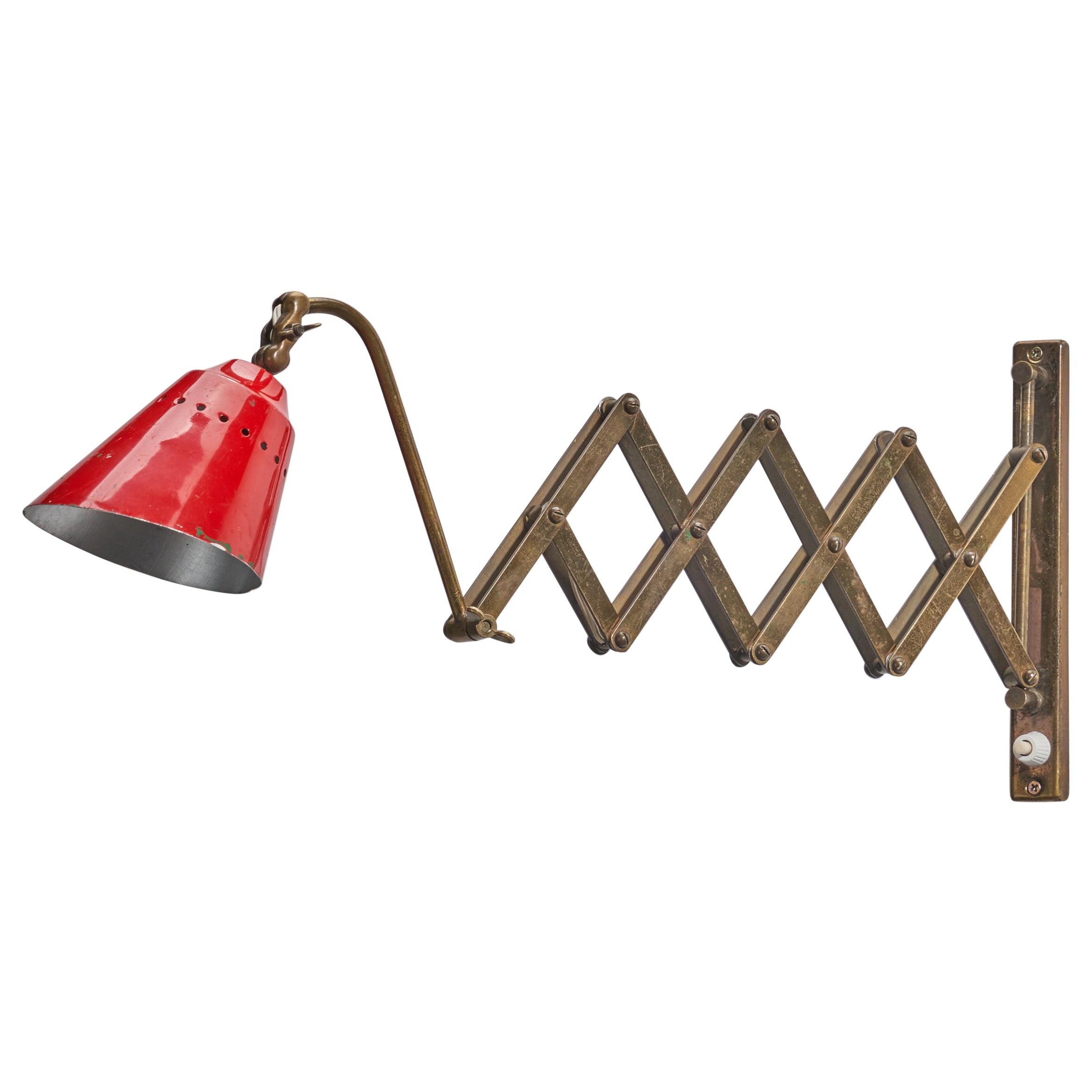Italian Designer, Wall Light, Brass, Red Lacquer Metal, Italy, 1940s For Sale