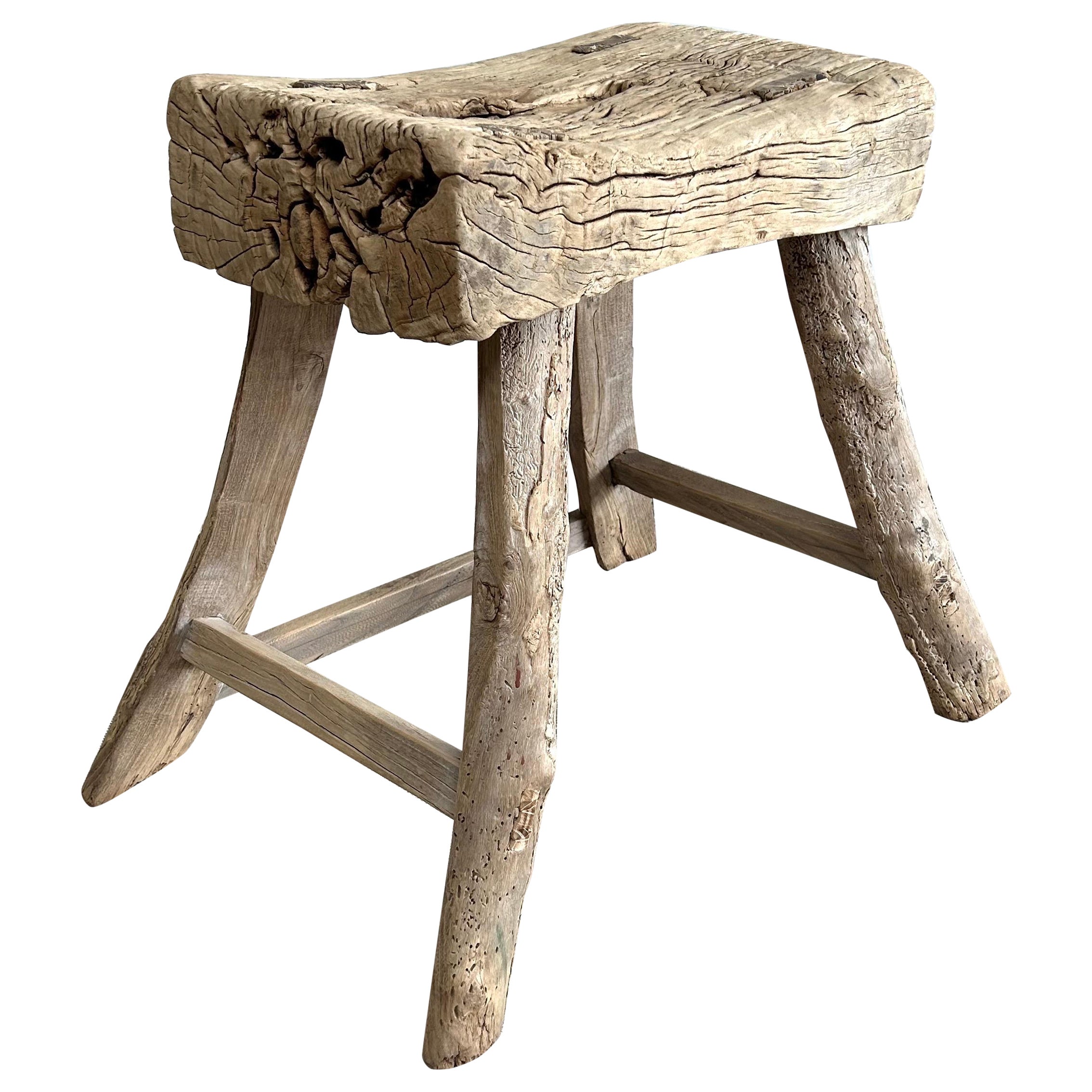 Vintage Elm Wood Stool with Patina For Sale