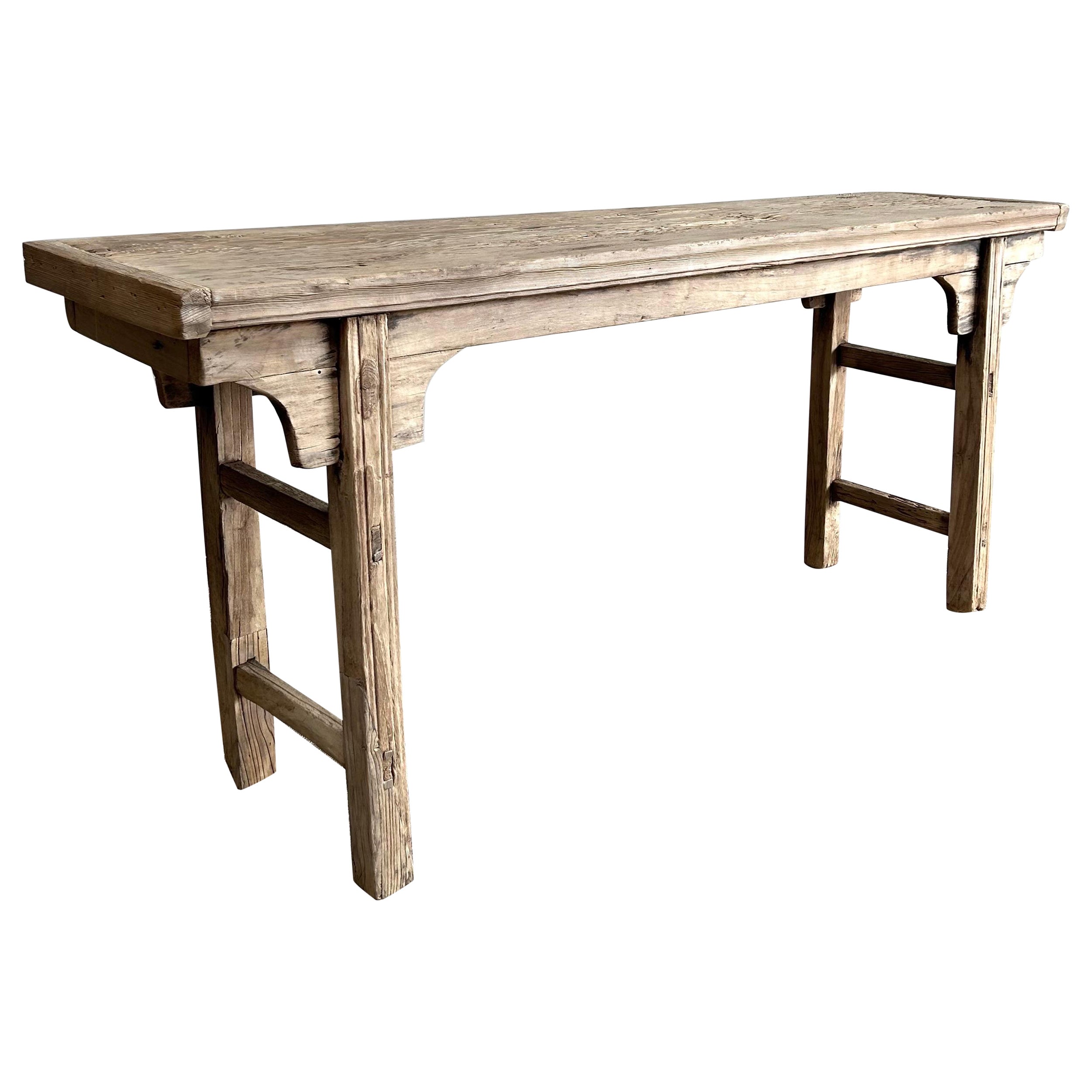 Vintage Elm Wood Console Table with Patina Top For Sale