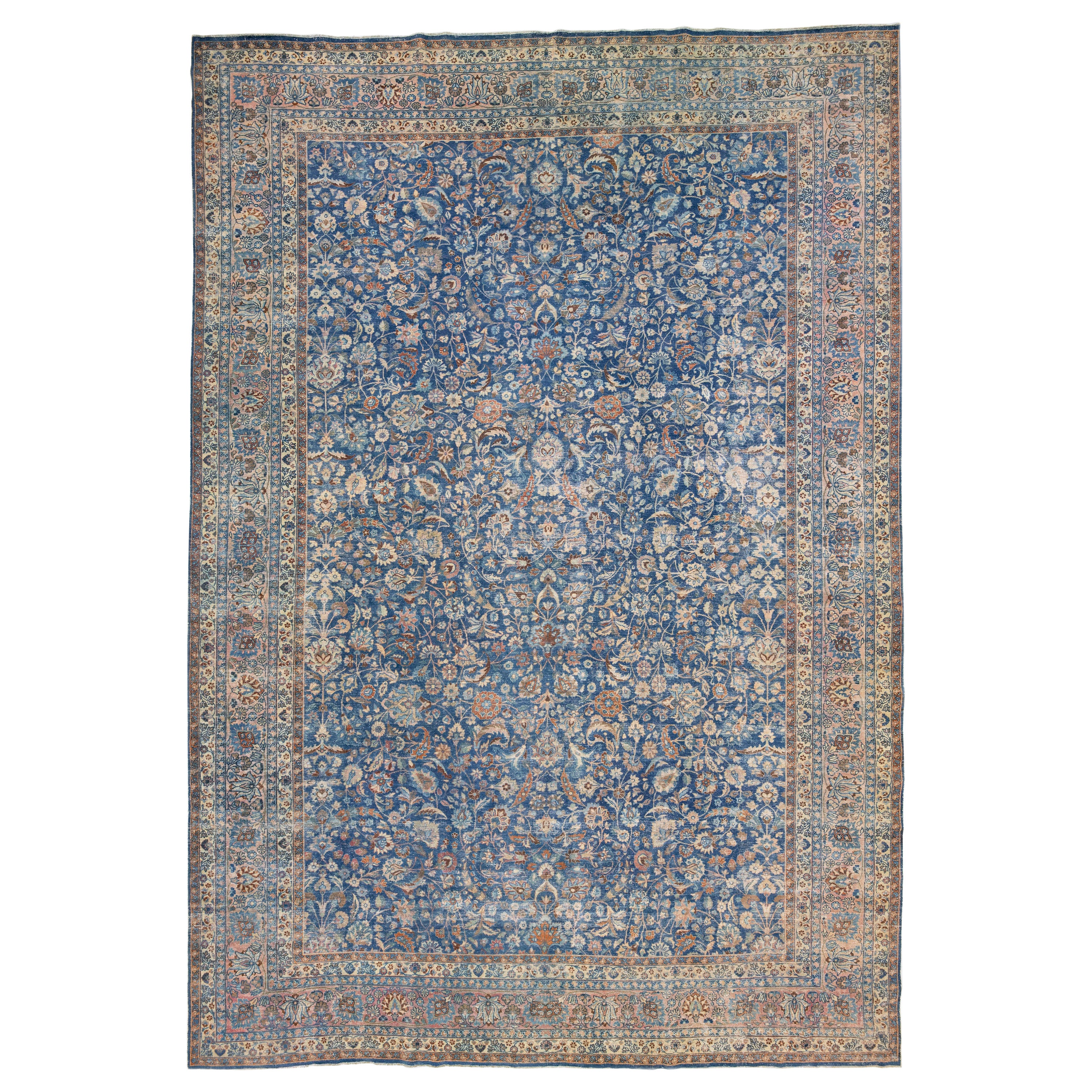Oversize Handmade Floral Persian Mashad Wool Rug in Blue For Sale