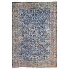 Antique Oversize Handmade Floral Persian Mashad Wool Rug in Blue