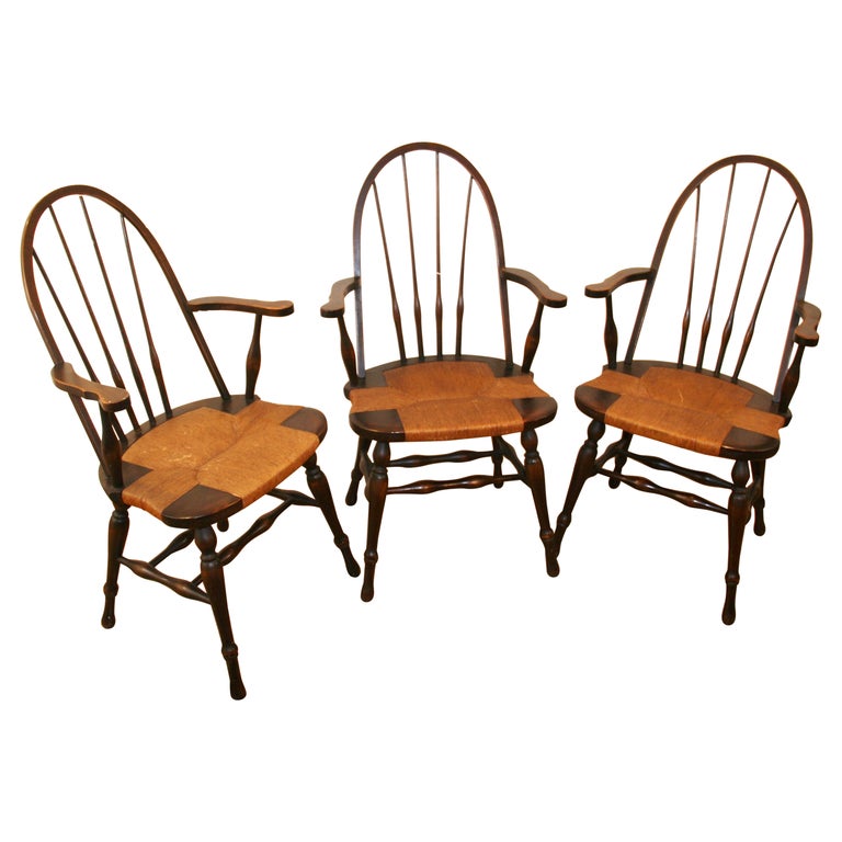 Three Windsor Chairs with Rush Seating For Sale