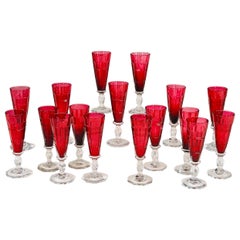 Set of 18 Hand Blown Crystal Cranberry Champagne Flutes With Clear Stems & Base