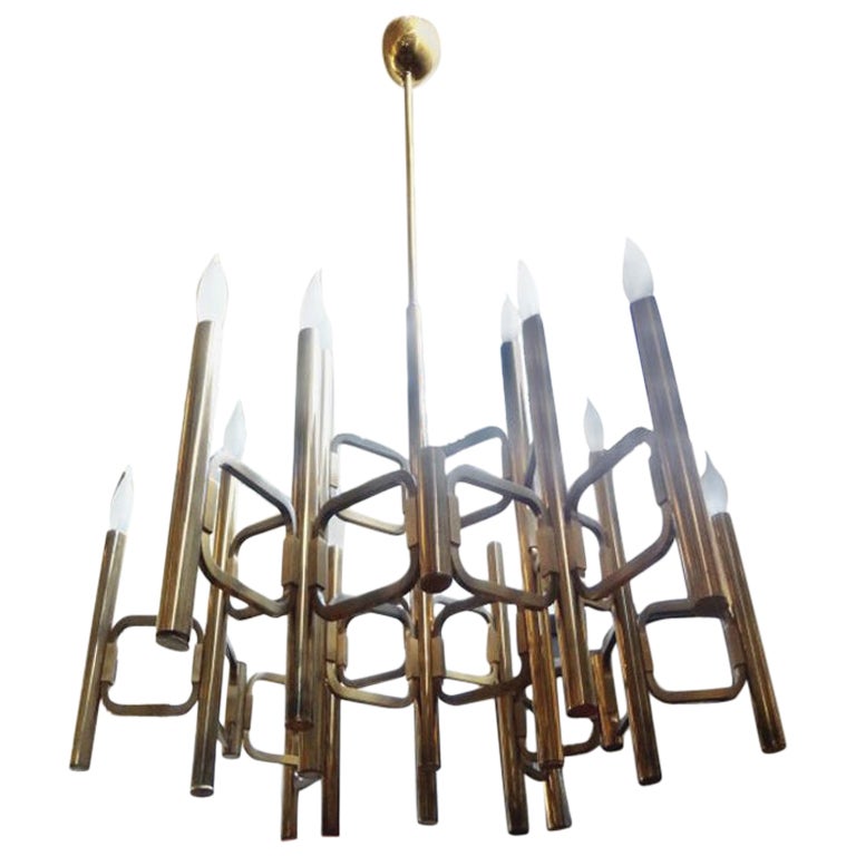 Large Italian Brass Cubist Chandelier by Gaetano Sciolari