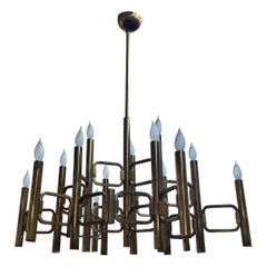 Large Italian Brass Cubist Chandelier by Gaetano Sciolari