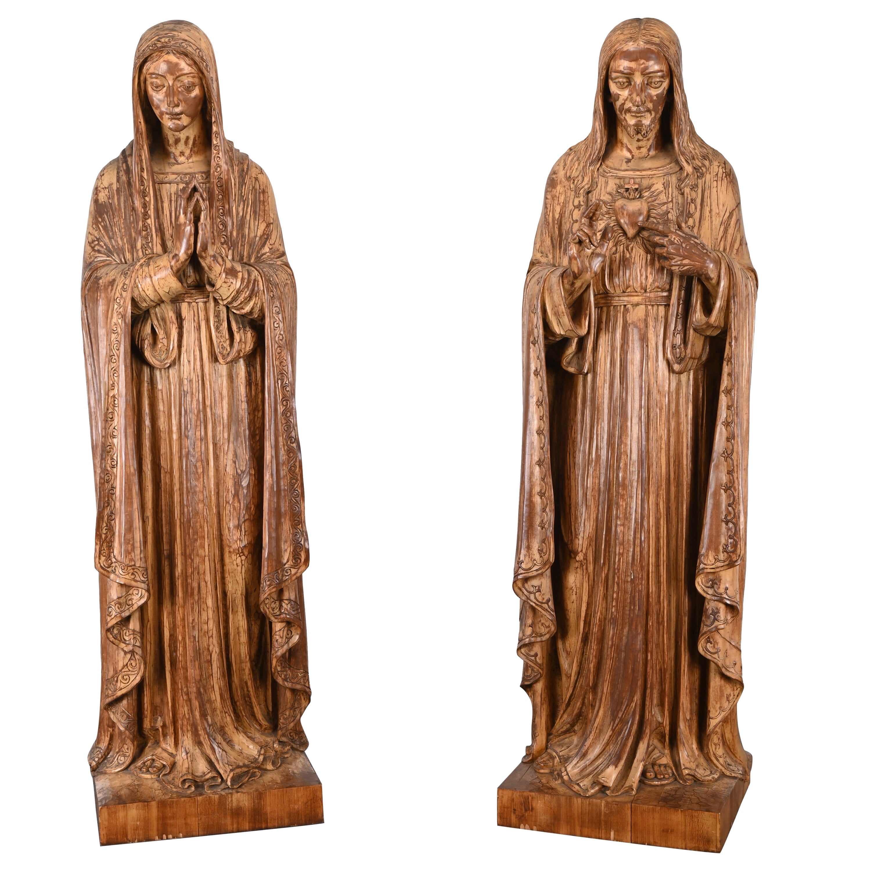 Monumental Jesus and Virgin Mary Folk Art Sculptures from the Jesuit Center For Sale