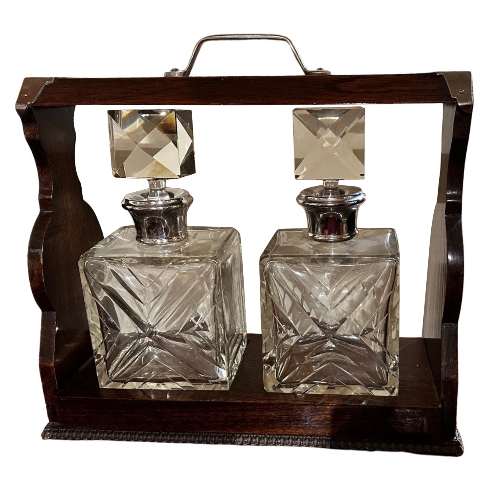 Tantalus Two Decanter Art Deco Set with Wood Holder For Sale