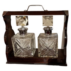 Antique Tantalus Two Decanter Art Deco Set with Wood Holder