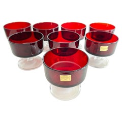 1960s French Red Glass Coupes, Set of 8