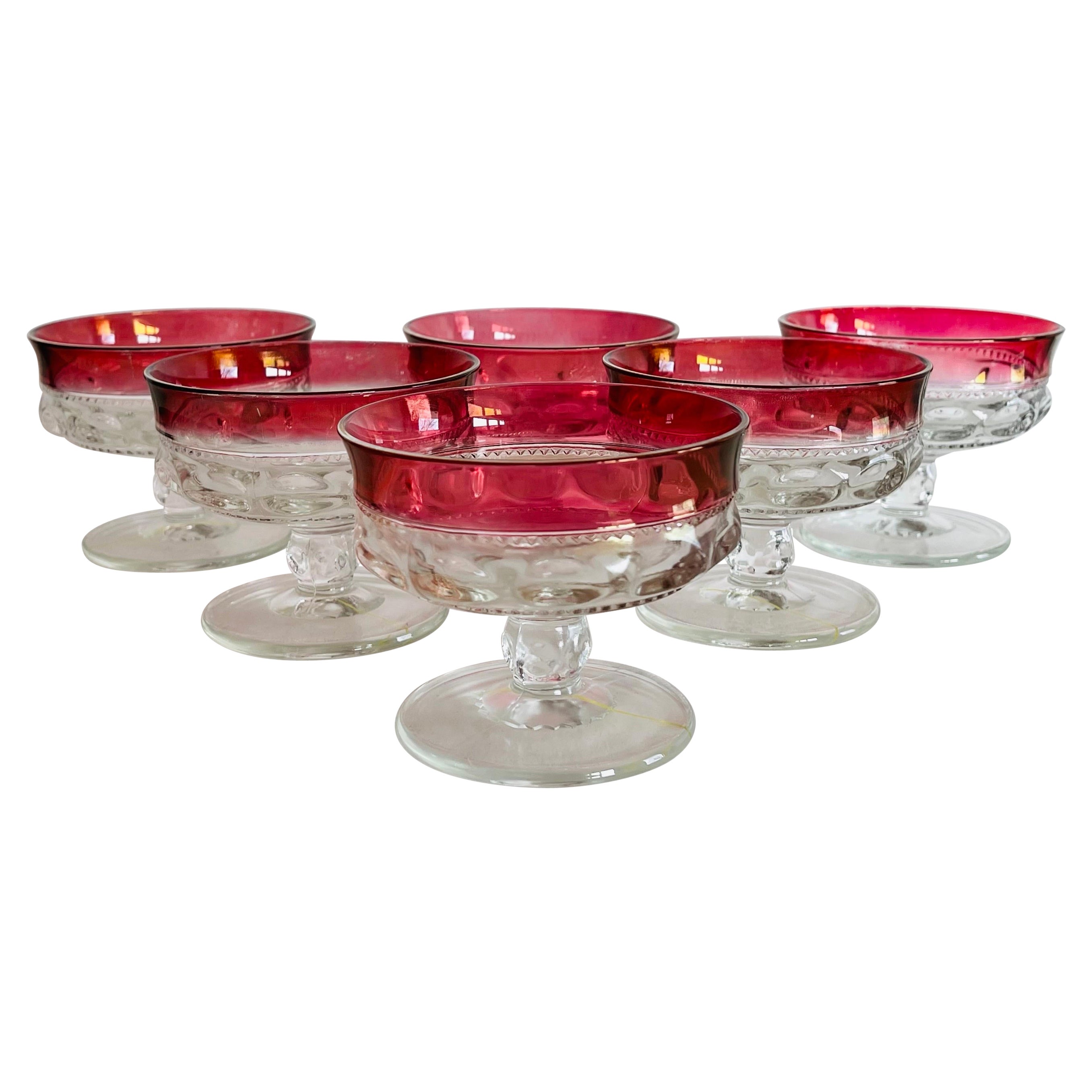 1960s Red Thumbprint Glass Coupes, Set of 6 For Sale