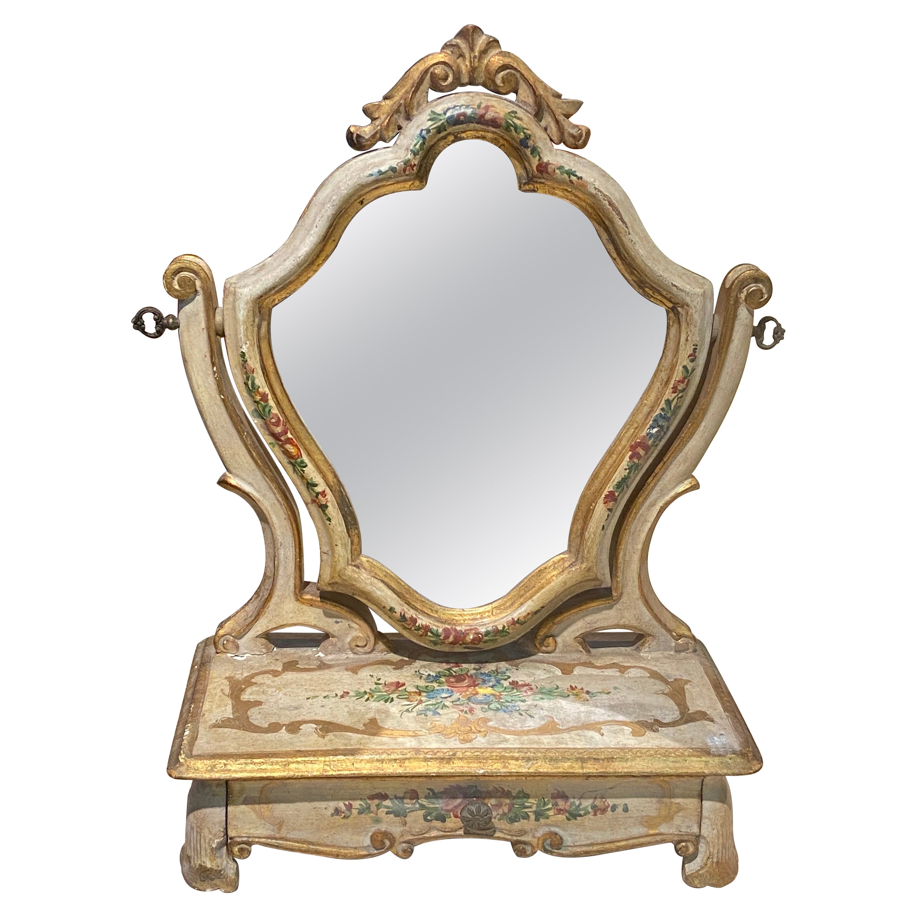 19th Century French Veneer Mirror in Hand Painted Carved Wood with Front Drawer For Sale