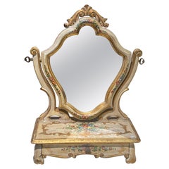 19th Century French Veneer Mirror in Hand Painted Carved Wood with Front Drawer