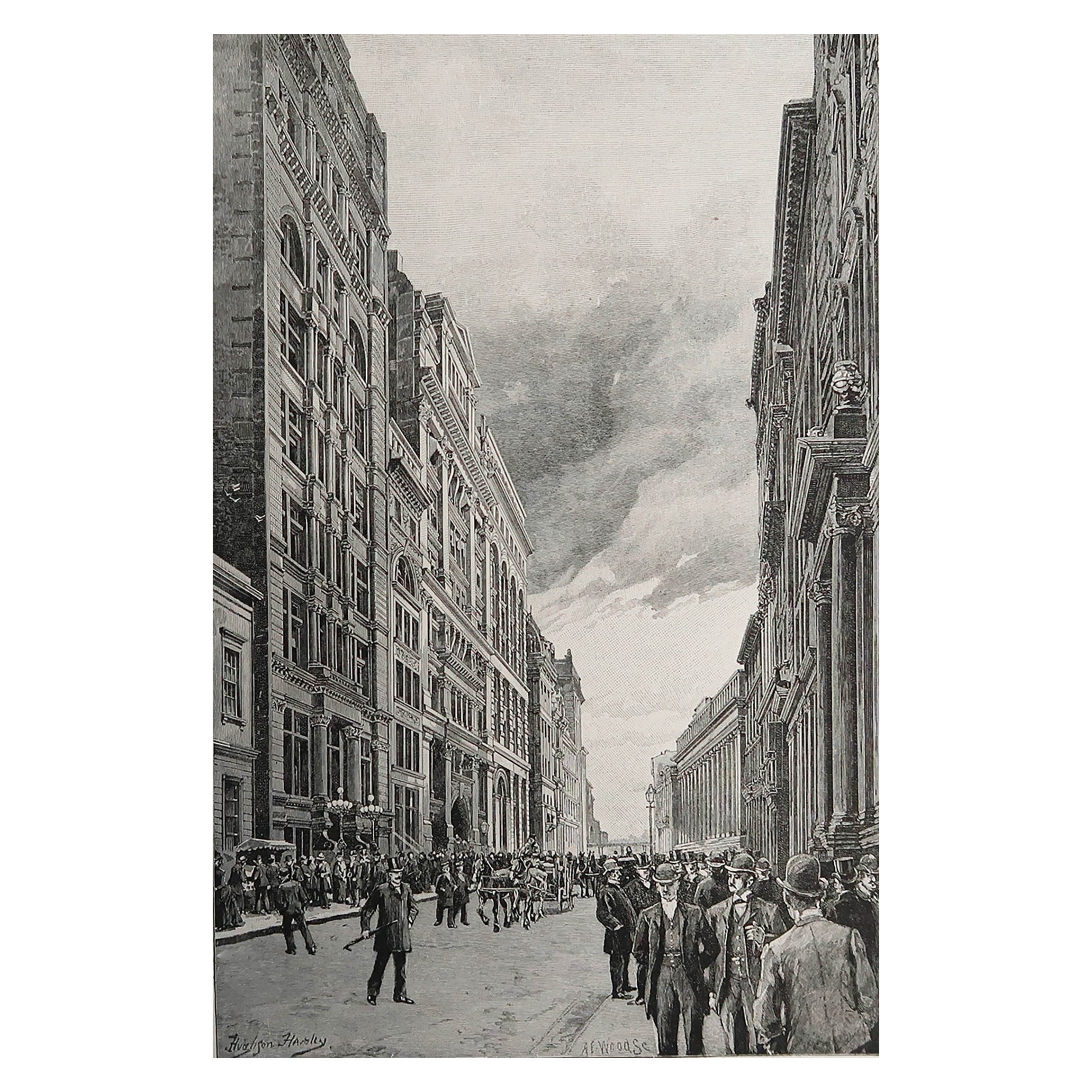 Original Antique Print of Wall Street, Manhattan, New York City. circa 1890