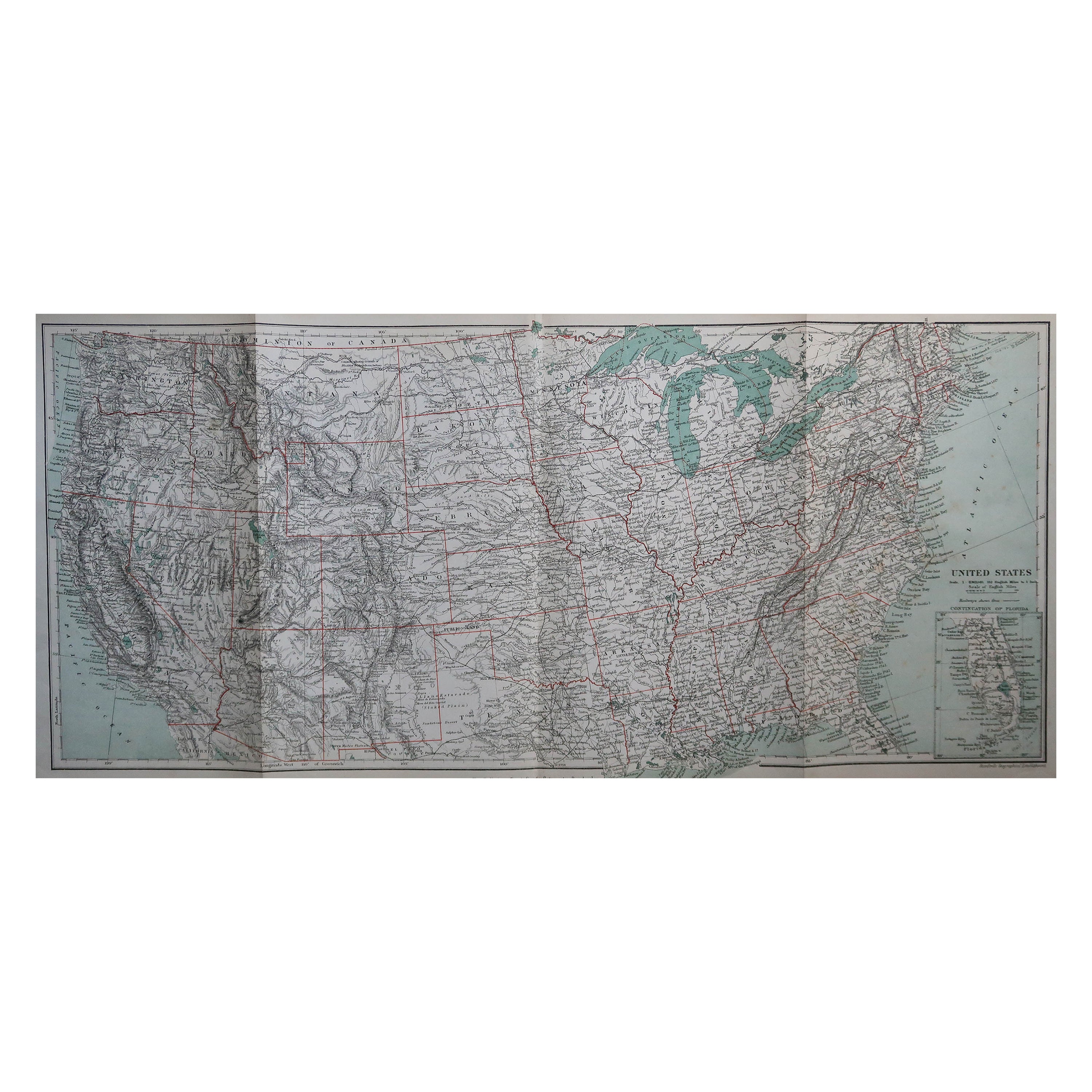Mapa original antiguo de los Estados Unidos de América, hacia 1890 en venta