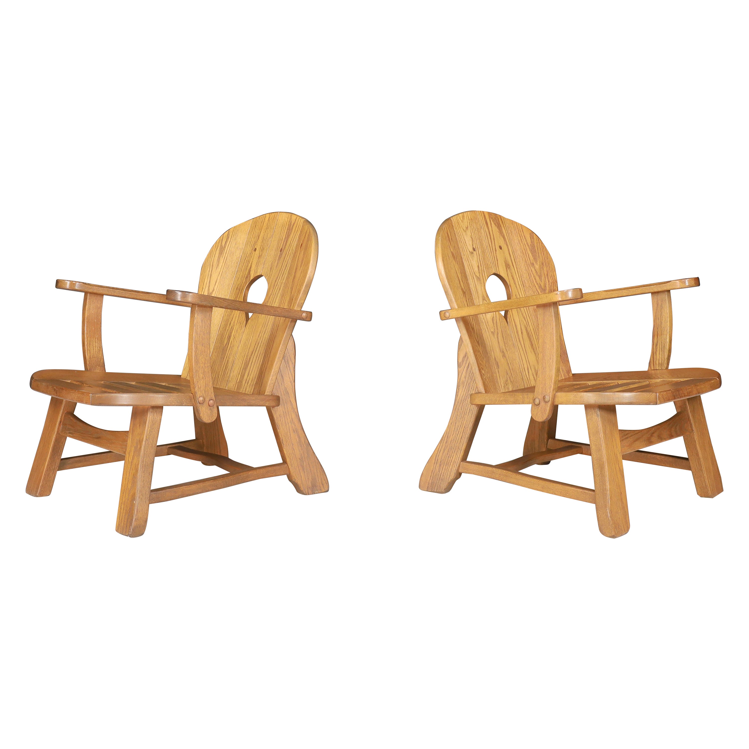 Sculptural Lounge Chairs in Oak, France, 1960s For Sale
