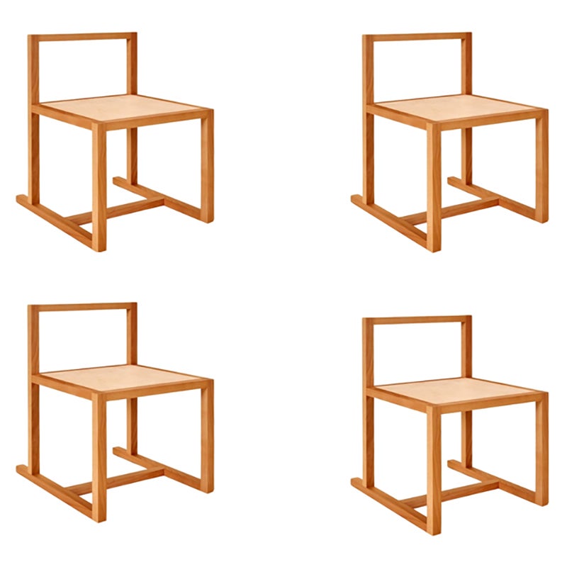 Handgefertigter minimalistischer Bibliotheksstuhl aus Holz und Leder, 4er-Set