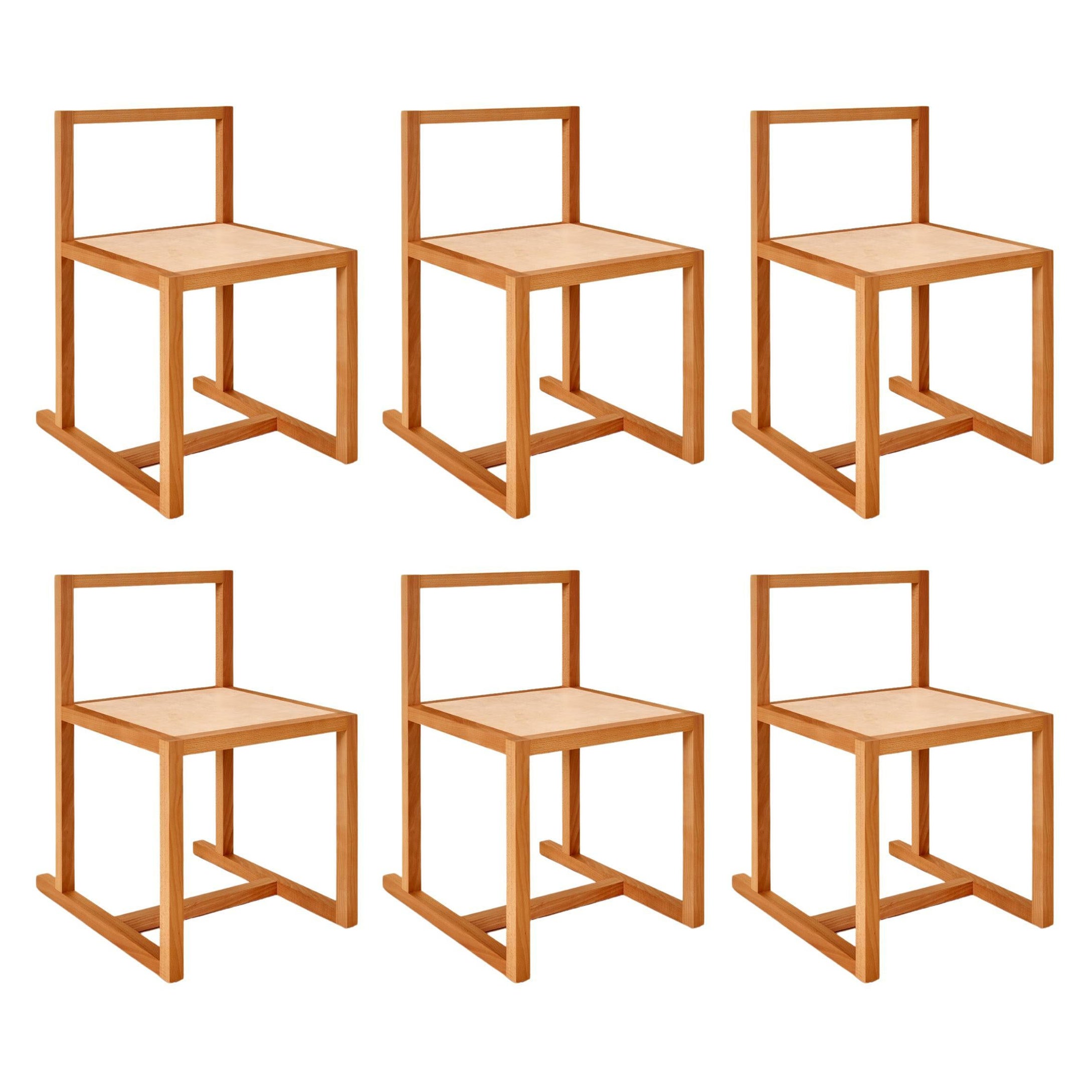 Handgefertigter minimalistischer Bibliotheksstuhl, minimalistischer Esszimmerstuhl aus Holz und Leder, 6er-Set