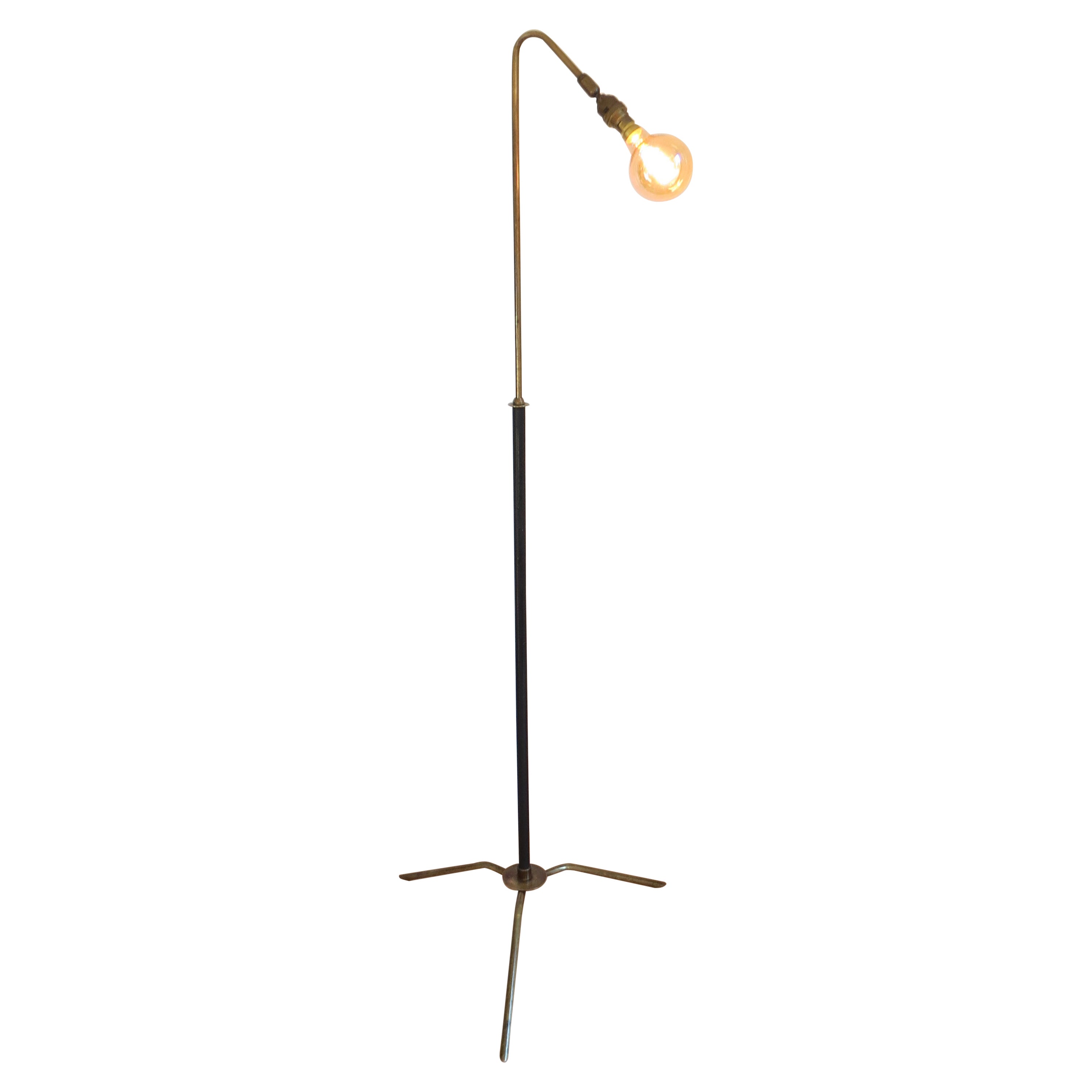 1950s Brass and Black Metal Curve over Adjustable Industrial Floor Lamp