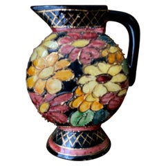 Vintage Vallauris Ceramic Pitcher, Monaco Decor, Hand Painted, Highlights of Gilding