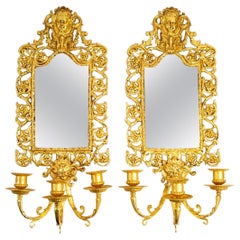 Pair of Mirror Sconces in Gilt Bronze with Leaf, 19th Century