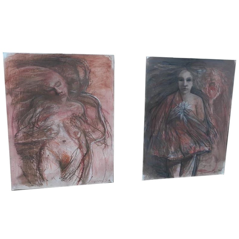 Pair of Unframed Large Brutalist Abstract Nude Paintings by Robert J. Harding For Sale