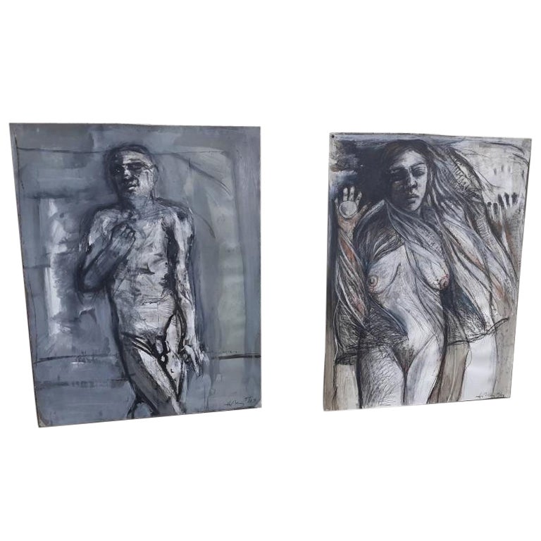 Pair of Unframed Large Brutalist Abstract Nude Paintings by Robert J. Harding For Sale