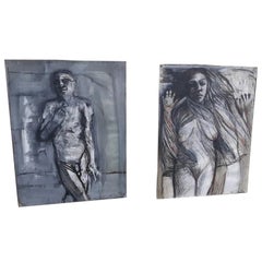 Paire de grandes peintures abstraites de nus brutalistes non encadrées de Robert J. Harding 