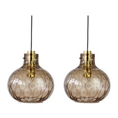 Pair O Large Vintage 1970s Bell Shaped Smoked Glass & Brass Globe Pendant Lights