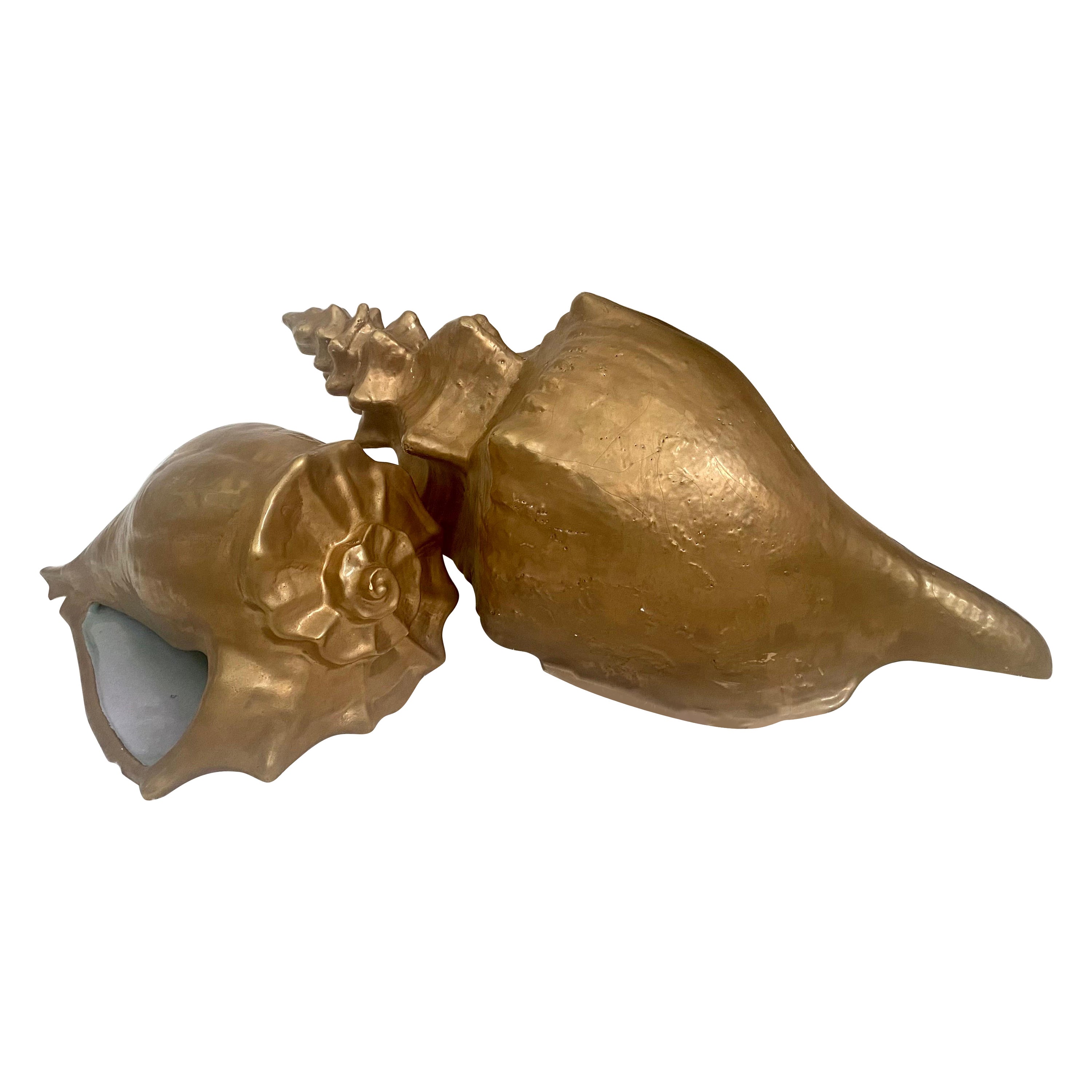 Pair of Midcentury Large Golden Ceramic Conch Shells For Sale