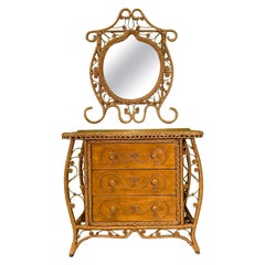Wicker Fiddlehead Dresser and Mirror in the Manner of Heywood Wakefield