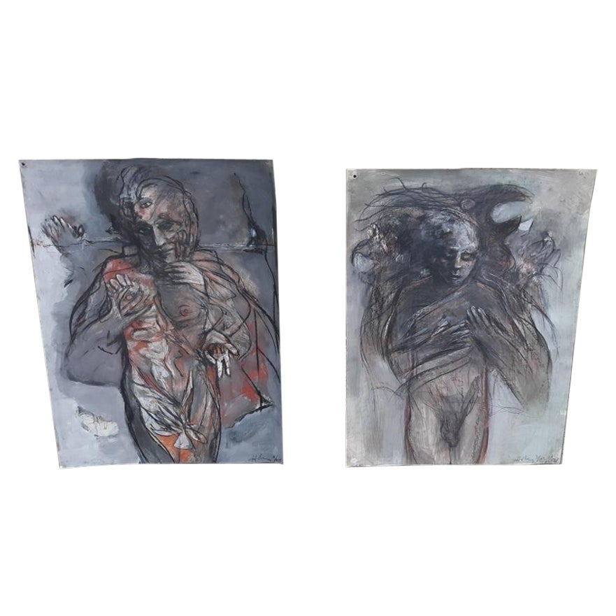 Pair of Unframed Large Brutalist Abstract Nude Paintings