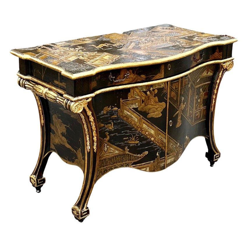 Exquisite Hand Painted Chippendale Chinoiserie Commode in Black Lacquer by Baker