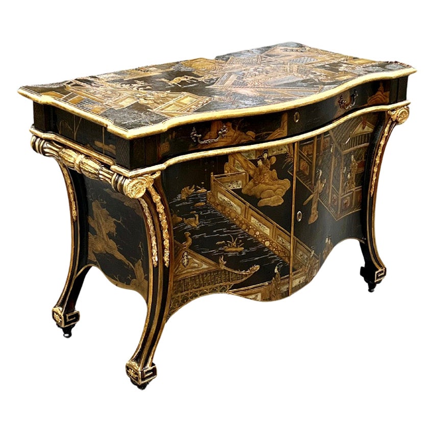 Exquisite Hand Painted Chippendale chinoiserie Commode in Black Lacquer by Baker For Sale