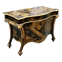 Exquisite Hand Painted Chippendale chinoiserie Commode in Black Lacquer by Baker