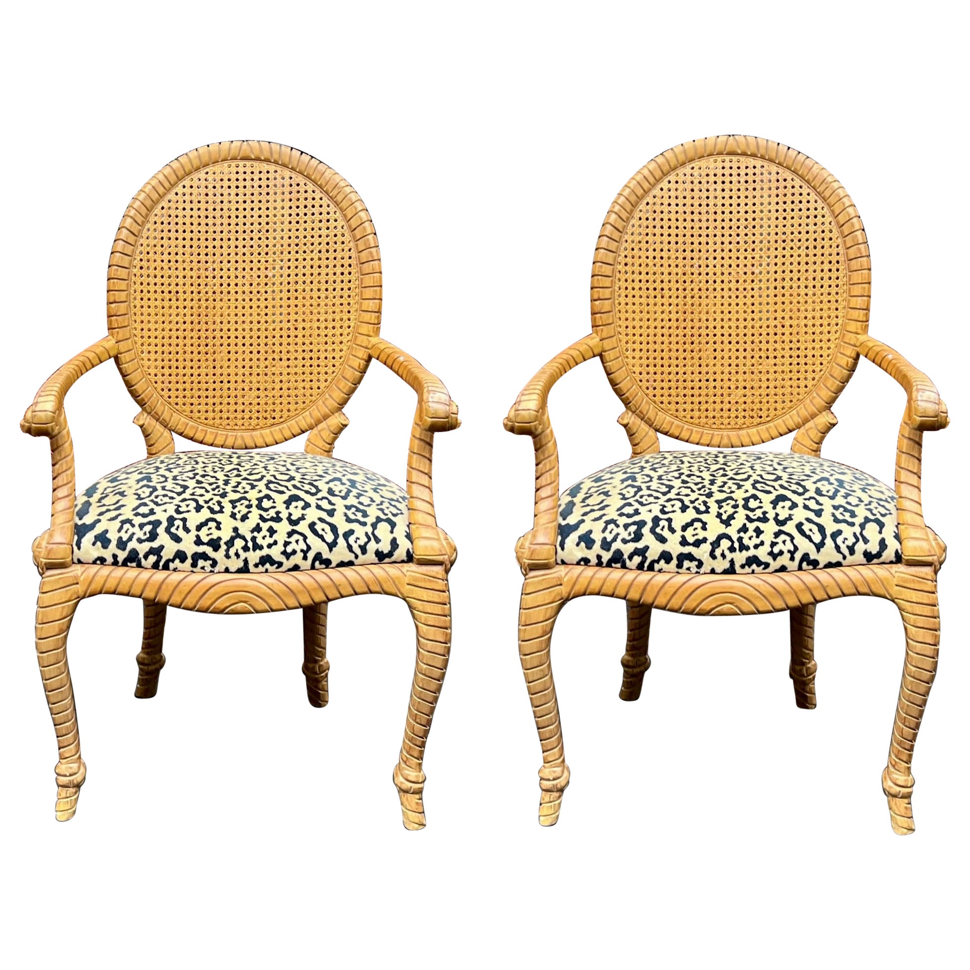 Hollywood Regency Style Carved Tassel / Knot Bergere Chairs in Leopard, Pair