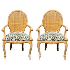 Hollywood Regency Style Carved Tassel / Knot Bergere Chairs in Leopard, Pair