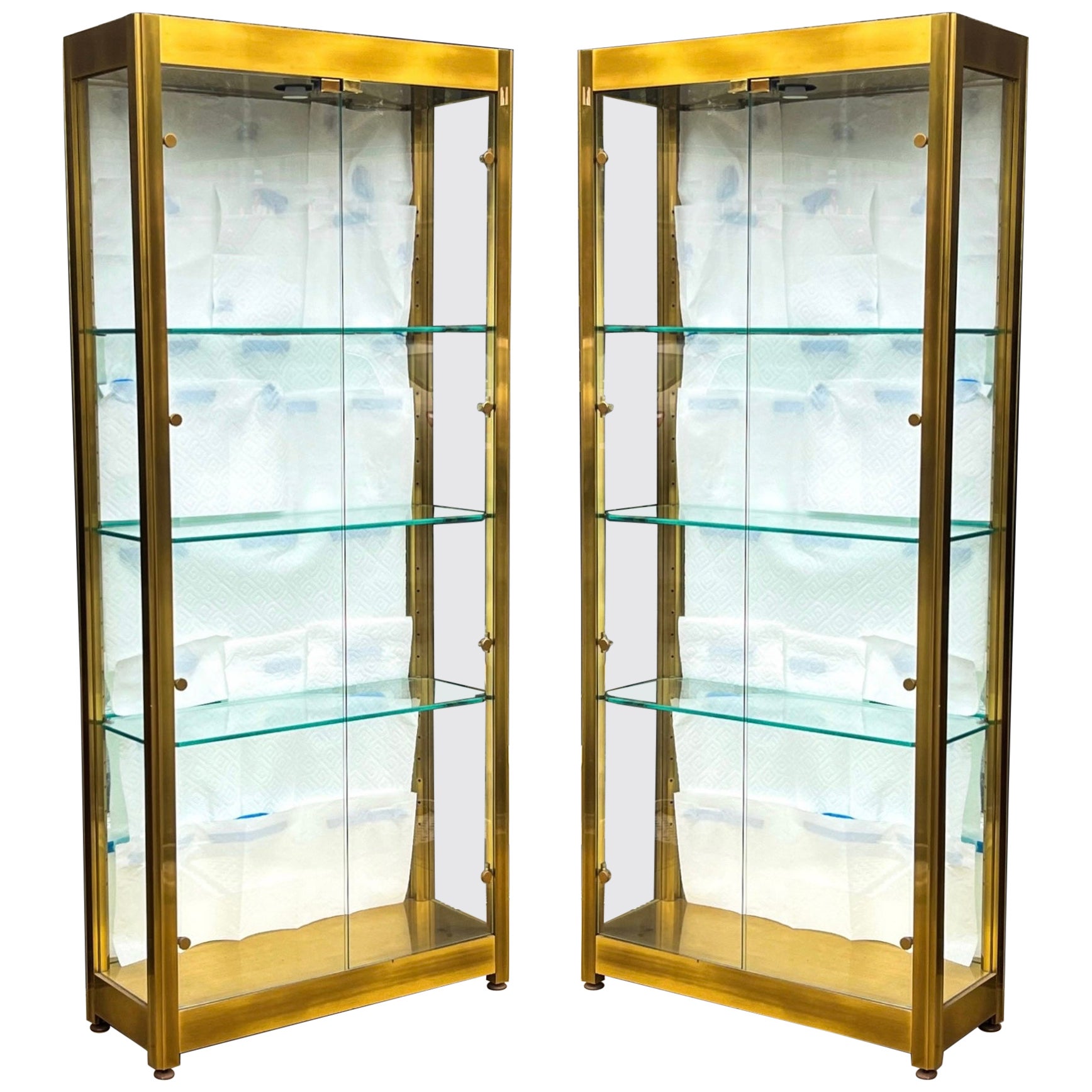 Modern Brass and Glass Mirrored Vitrunes / Cabinets Att. To Mastercraft, Pair 