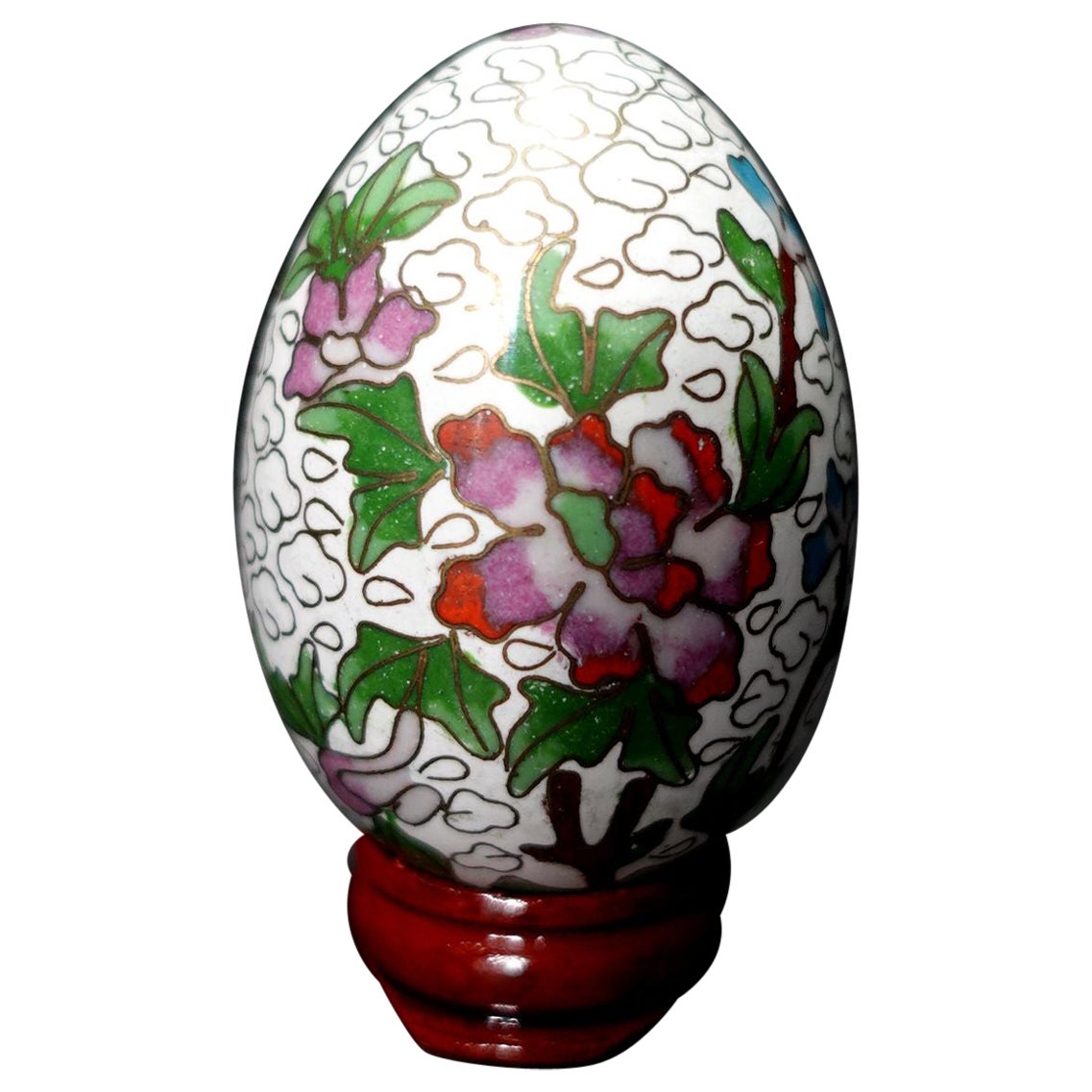 Chinese Cloisonné Enamel Egg "Flowers" with Wood Stand, Early 20th Century #2