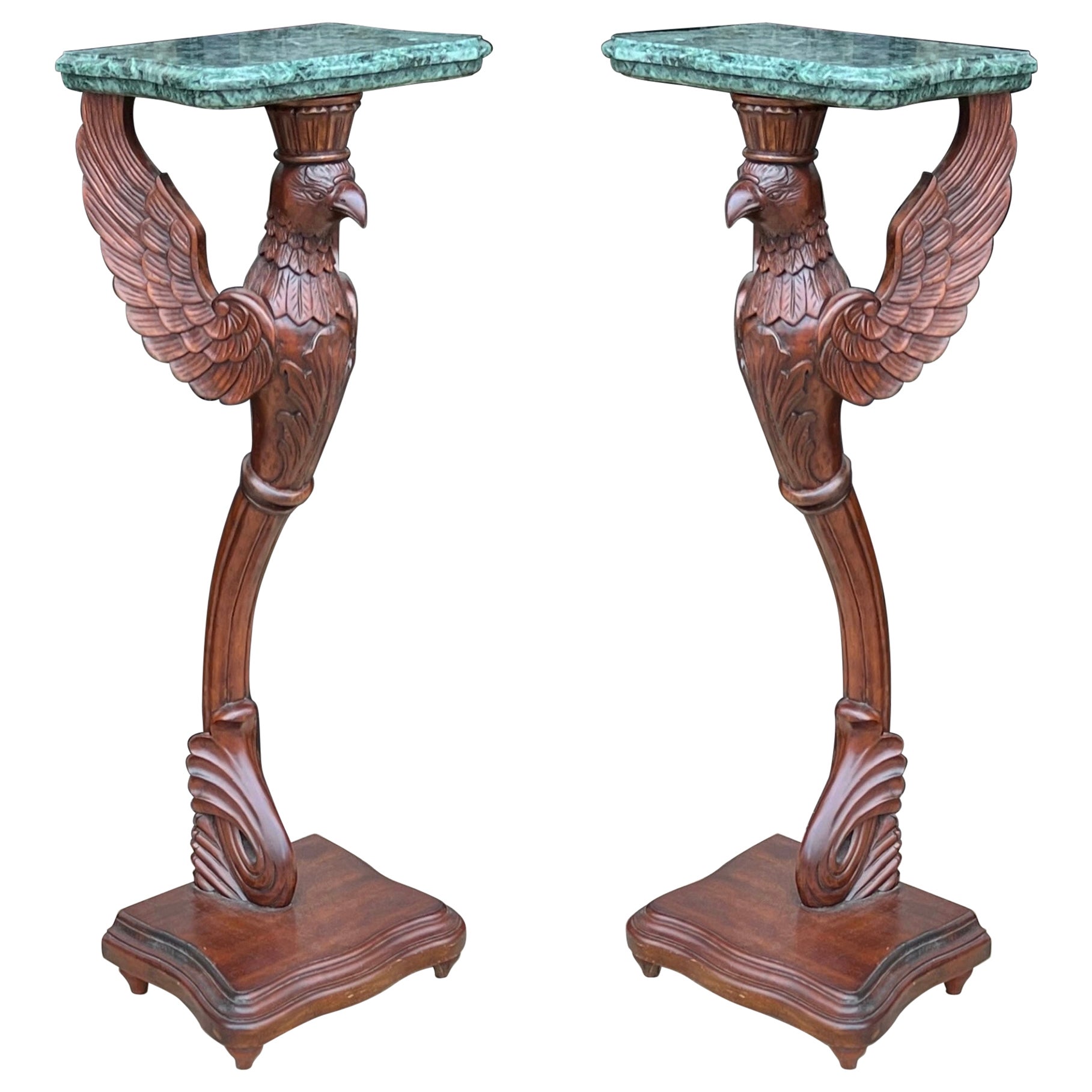 Theodore Alexander Carved Eagle Empire Marble Top Pedestals / Tables, Pair