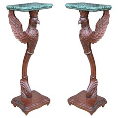 Theodore Alexander Carved Eagle Empire Marble Top Pedestals / Tables, Pair